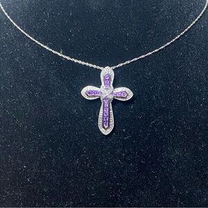 14K White Gold Diamond Pendant Cross with Amethyst
